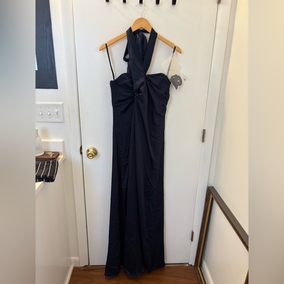 Dessy Draped Satin Grecian Column Gown Midnight Navy size 2 Bridesmaid Formal - Picture 4 of 13